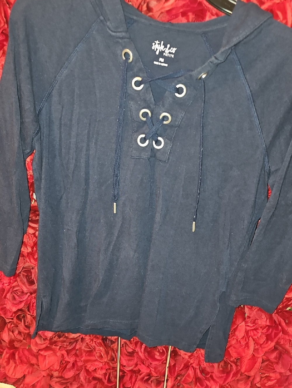 Style & Co. Women's Navy Lace-Up Hoodie Pullover Shirt Size Petite Medium